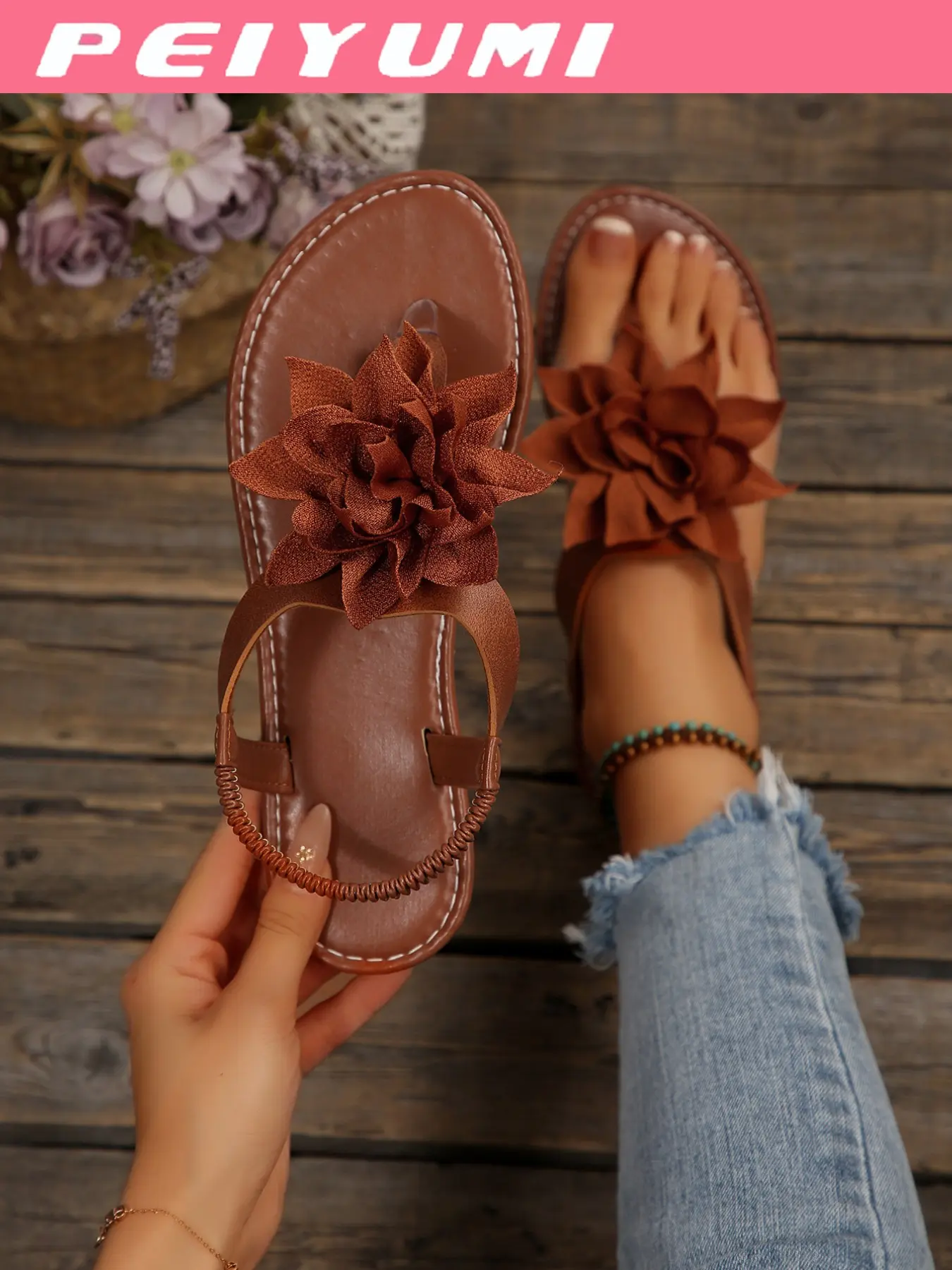 Women's Fashion Open Toe Sandals, Flat Sandal Shoes, Elegant Lotus Decoration, Comfortable Versatile, Suitable for All Occasions, Multiple Colors Available