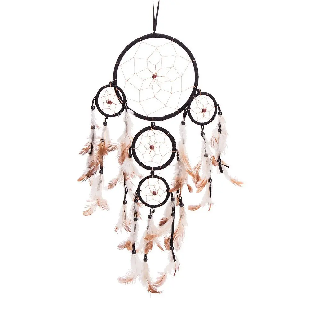 Thy Home 22-in Traditional 5-Circle Fabric Dream Catcher, Feather-Shaped Native-Inspired Hanging Decor, Home Bedroom Wall Ornament, Hangable Car Gift