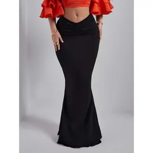 Women’s plain lotus leaf-edge mermaid skirt, elegant and fashionable V-waist long skirt, suitable for everyday outdoor wear, women’s underwear suitable for all seasons GARMENTARY