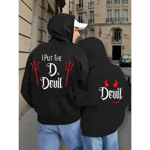 Men'S & Women'S Matching Hoodies - "I Put the DIN Devil" Graphic Zip-Up Sweatshirts, Black with Red Lettering, Drawstring Hood, Side Pockets - Couples Costume Outfits, Casual Streetwear for Everyday & Halloween - Spring/Fall Outerwear, Couple Hoodies, Aut