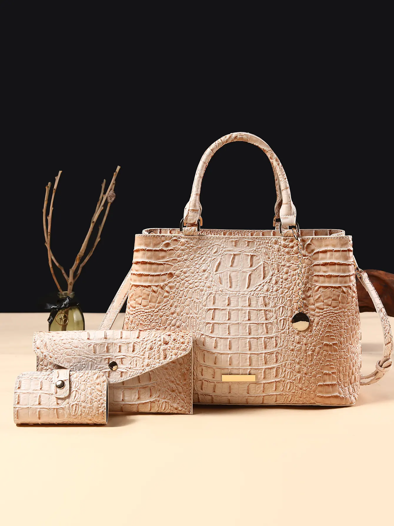 Women's 3-Piece Crocodile Print Handbag Set - Top Handle Satchel, Clutch, and Coin Purse for Everyday Use