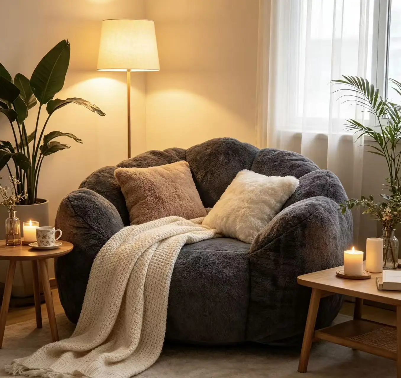 Large single petal cloud comfortable lazy sofa chair, suitable for adults and children Artificial rabbit velvet fabric large petal sofa and chair, suitable for bedroom, living room and gaming