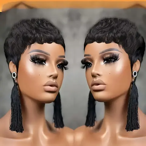 ShowReal Hair Pixie Cut Wig Pixie Wig for Black Women – Short, Voluminous Curly Style; Made from Virgin Human Hair