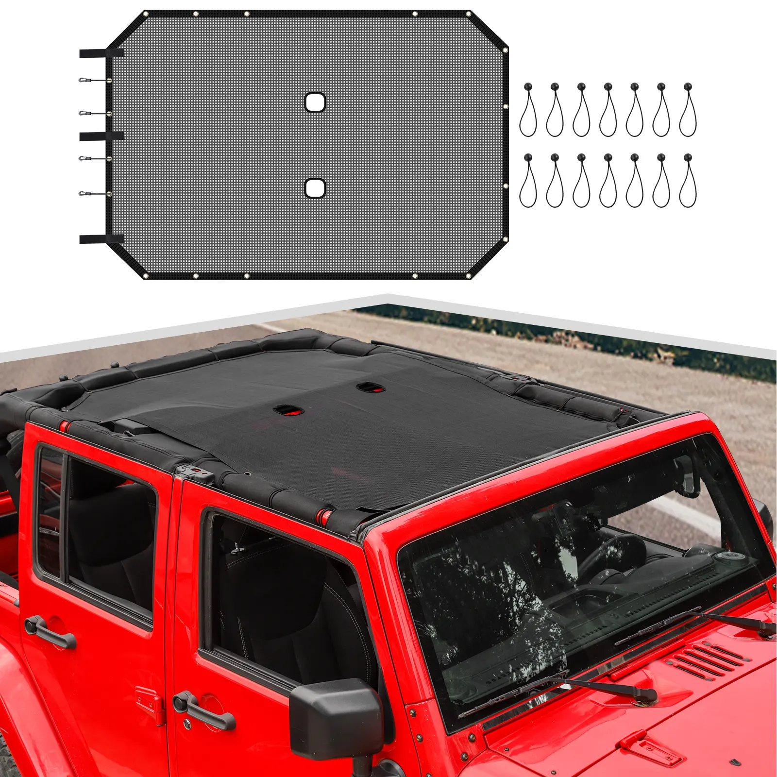 Triple-Layer PVC Polyurethane Car Sun Shade Cover - Mesh Exterior, UV Protection, Scratch-Resistant Auto Exterior Accessory for 2007-2018 Jeep Wrangler JKU 4-Door, DIY-Install, Perfect Fit, Outside Car Sun Shade
