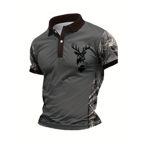 Men's Camouflage Quick Drying Shirt - Casual Outdoor Style, Deer Head Print, Short Sleeve, Button Neck, Summer Hunting and Hiking Clothing, Hiking Equipment