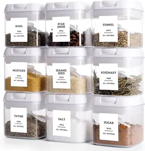 Seasoning Containers with Labels - 9 Pcs Big Plastic Spice Storage Containers with 148 Spice Labels and 9 Spoons - Square Stackable Kitchen Small Airtight Food Storage Containers with Lids