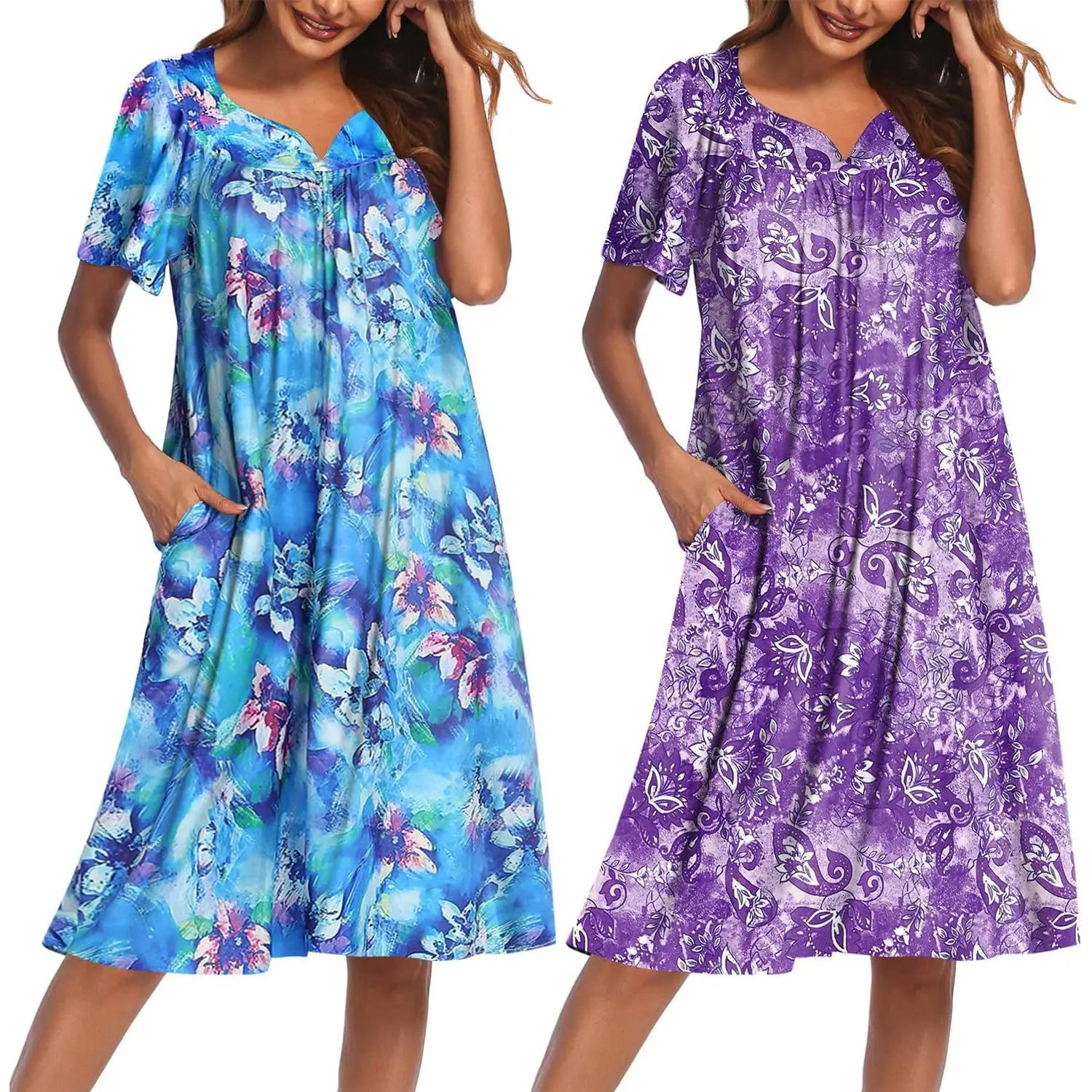 Women's 2-Pack Casual Mumu Dresses - Short Sleeve V-Neck, Floral Print, Soft Stretchy, with Pockets (Deep Enough to Hold Phone), Knee Length, Pullover for Daily Lounging & Relaxing, Key Features Included, Pull On, Large, Roomy, Skin-Friendly, Sleeping