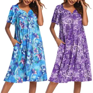 2 Pack House Dresses for Women with Pockets Short Sleeve V Neck Floral Print Mumu Dresses Soft Stretchy for Lounging & Relaxing Casual Womenswear Day Everyday Pullover Summer Shortsleeve Vneck