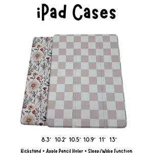 iPad Cases - 13", 11", 10.9", 10.5", 10.2", 8.3" Checkered & Floral Bows - Durable - Kickstand & Pencil Holder Tablet Protection Covers Casing Handy