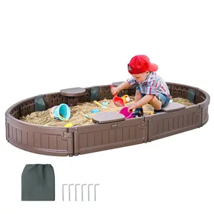 VEVOR HDPE Plastic Sandbox with Cover, 72x41.5x9.1in Oval Sand Pit with 4 Corner Seats, Bottom Liner & Slot Assembly, Outdoor Backyard Kids Sandbox for Ages 3-12, Brown