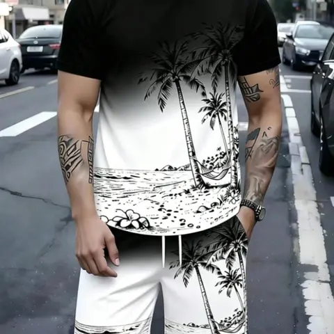 Men's Los Angeles Letter & Palm Tree Print Tropical Vacation Round Neck T-Shirt & Shorts Set Outfit Clothes, Outfits Set, Casual Summer Beachwear Two-Piece Suit, Matching Sets