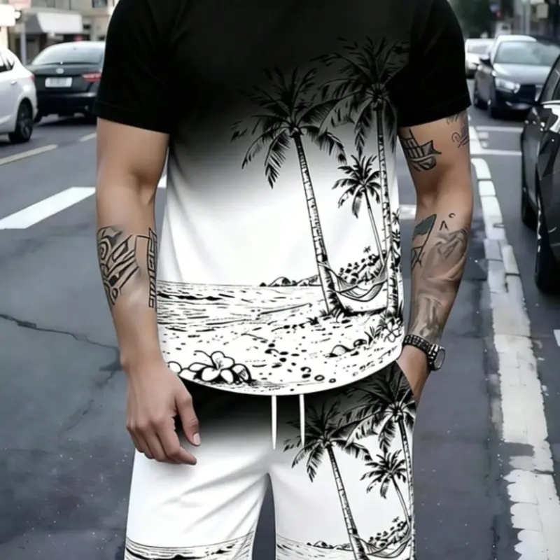 Men's Los Angeles Letter & Palm Tree Print Tropical Vacation Round Neck T-Shirt & Shorts Set Outfit Clothes, Outfits Set, Casual Summer Beachwear Two-Piece Suit, Matching Sets