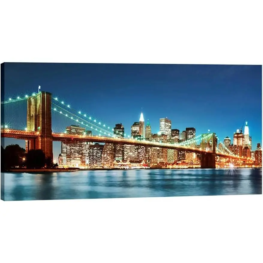 Pyradecor Large Modern New York Cityscape Canvas Wall Art Brooklyn Bridge Night View Canvas Prints Stretched Landscape Pictures Paintings Artwork for Living Room Home Decorations L Poster Ornaments Artistic Photo