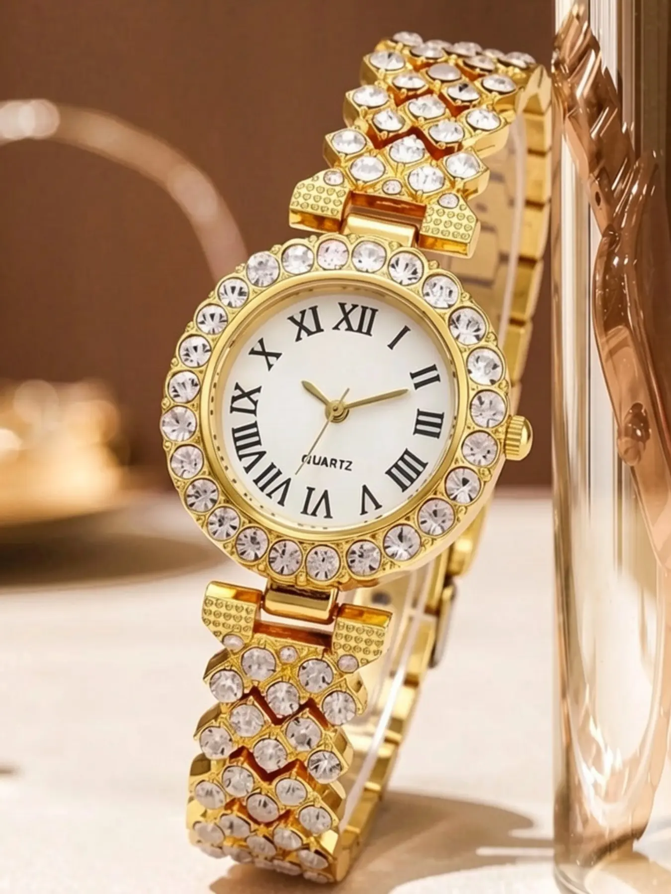 Mother's Day Gift, Roman Numeral Women's Quartz Watch, Sparkling Rhinestone Band, Rhinestone Wristwatch, Elegant and Luxurious Design