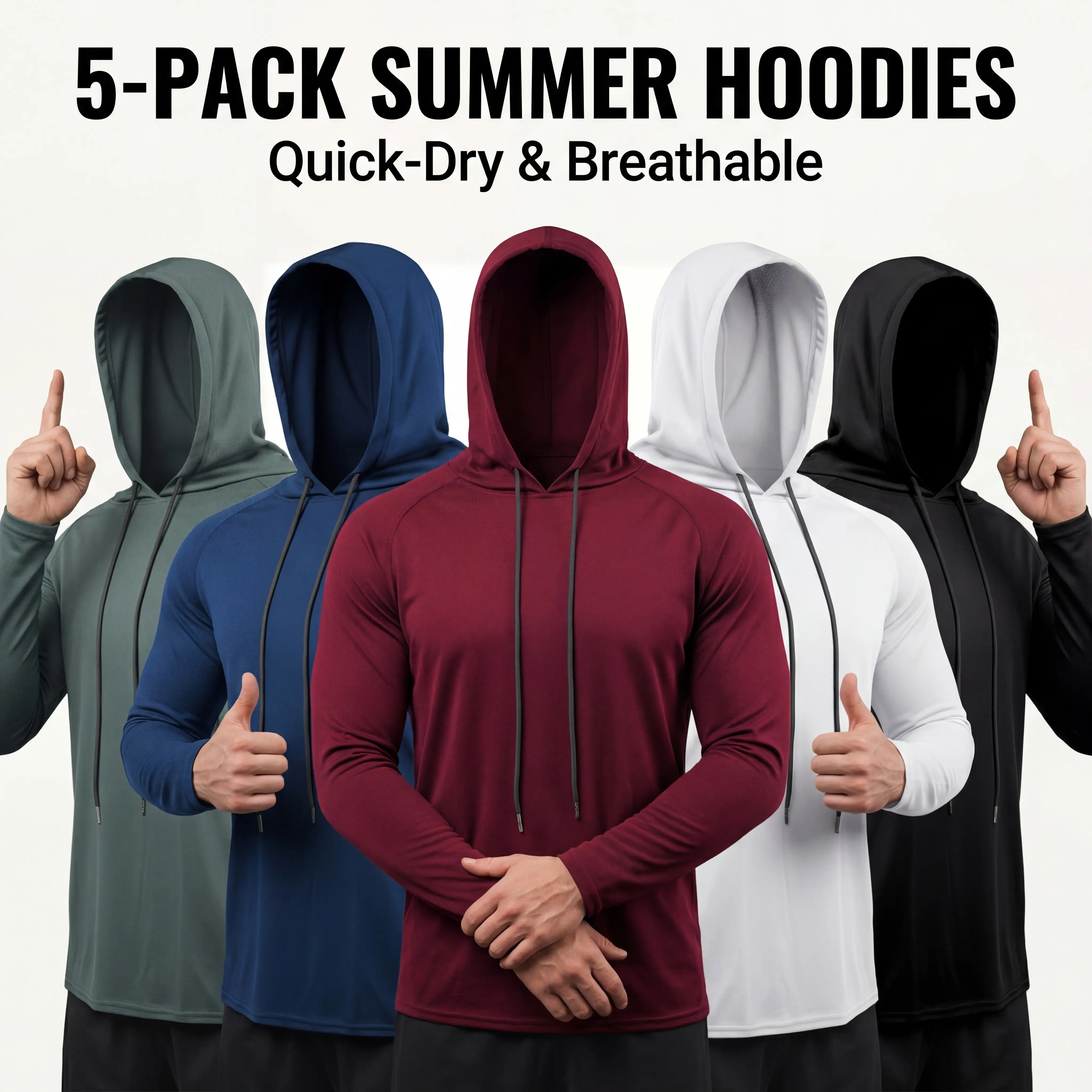 Men's 5-Pack Lightweight Long-Sleeve Hoodies, Breathable Pullover Set for Outdoor Work, Fishing, Hiking and Everyday Wear
