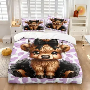 Sweet Highland Cow Printed Comfy Bedding Set, 1 Duvet Cover + 1/2 Pillowcases, No Core, HD Vivid All Season Print, Cute Cartoon Pattern, Skin-friendly Fabric, Ideal for Girls Bedroom & Dorm Use