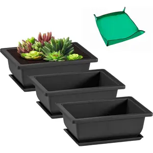 3 count 6.5 Inch Bonsai Pots with Drainage Humidity Trays & 1 Repotting Mat, Durable Bonsai Tree  Pot Rectangle Planter Kit Seedling Starter Small Indoor Outdoor Growing Built in Mesh