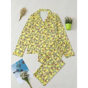 Women's Cute Little Yellow Duck Pajama Set, Long-Sleeve Button-Up Top & Pants, All-Season Soft Fabric for Cozy Sleepwear Loungewear Womenswear Everyday Fit Piece Polyester Style Homewear