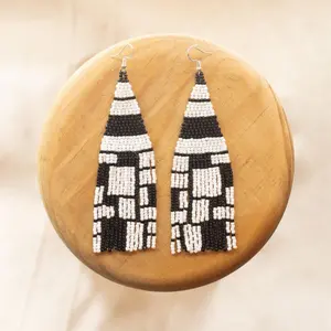 Elementary - Native Beaded Earrings with a Black & White Geometric Design - Handmade by Huichol Artisans - Mother Sierra