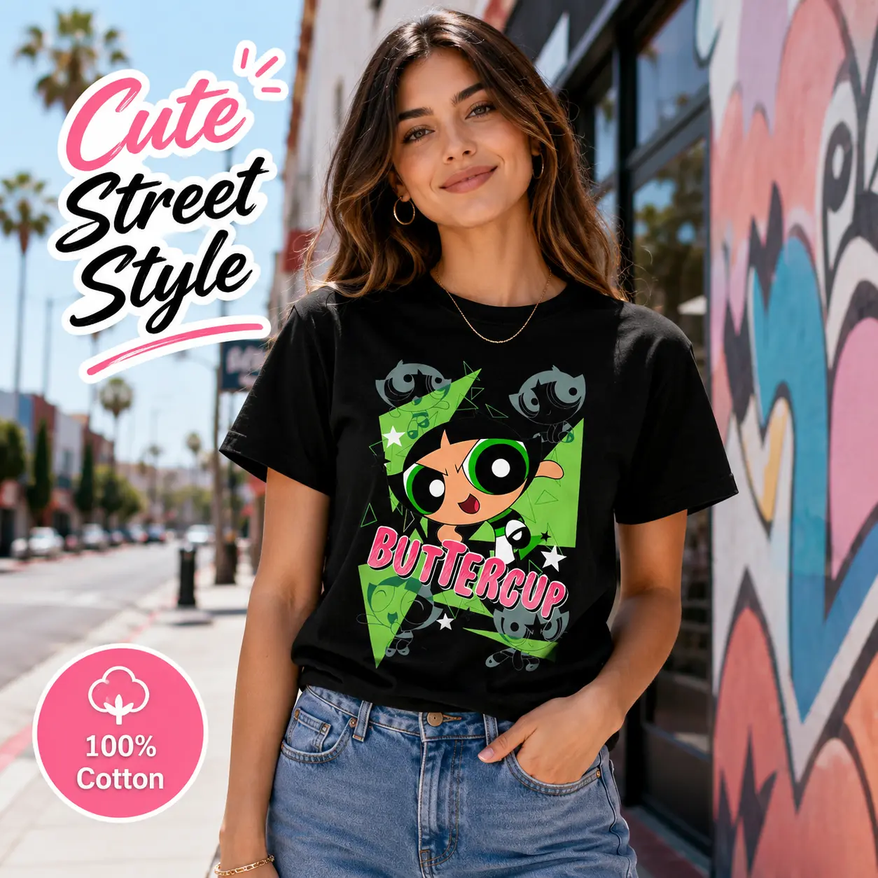Women's Tops: Fitted Round Neck Cartoon Style Graphic T-Shirt in 100% Cotton, Casual Short Sleeve Streetwear Clothing, Everyday