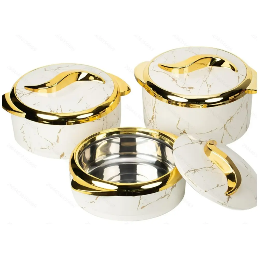 3 pieces/set of modern stainless steel insulated clay pot tableware, with lid, marble pattern, food insulated bowl, buffet bowl, both cold and hot can be kept for several hours.