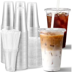 100 Pack, 16 Oz Plastic Cups With Lids and Straws, Iced Coffee Cups With Lids Disposable Clear Cups With Lids - for Iced Coffee, Smoothie, Milkshake and Cold Drinks Set Pet