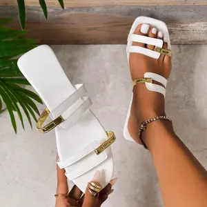 Women Colorblock Slide Sandals Vegan Leather Slip On Flat Shoes Casual Summer Beach Slippers