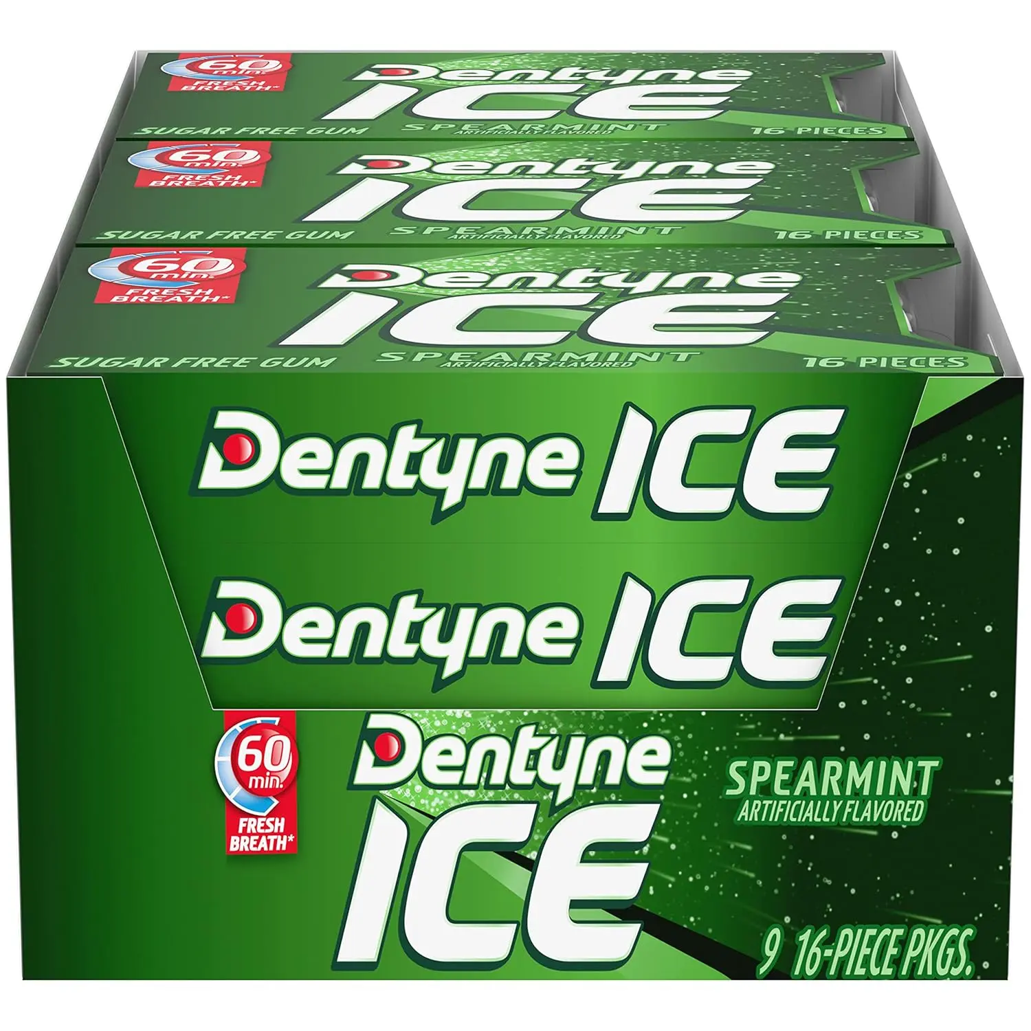 Dentyne Ice Spearmint Sugar-Free Chewing Gum - 9 Packs of 16 Pieces (144 Total Pieces) - Adults, Just the Right Size, Easy Transport, Keep in Desk, Cooling Flavor, 60 Minutes of Freshness