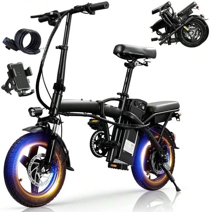 14" Compact Folding Electric Bike for Adults - 560W Motor, 48V 10.4Ah Battery, 15-24MPH Pedal Assist, Dual Disc Brakes, Basket, Front Light, LED Taillight, Commuter City Ebike with Pedals, Bikes Compact Fold Folding, Front Light Folding Bikes