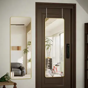 Full Length Mirror 14 x 48 Over The Door Mirror, Aluminum Alloy Large Hanging Mirrors, Wall Mounted Body,Gold