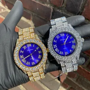Men 44MM Iced Bling Out Hip Hip Rapper Celebrity Lab Diamond Blue Dial Luxury Fashion Plater Watch