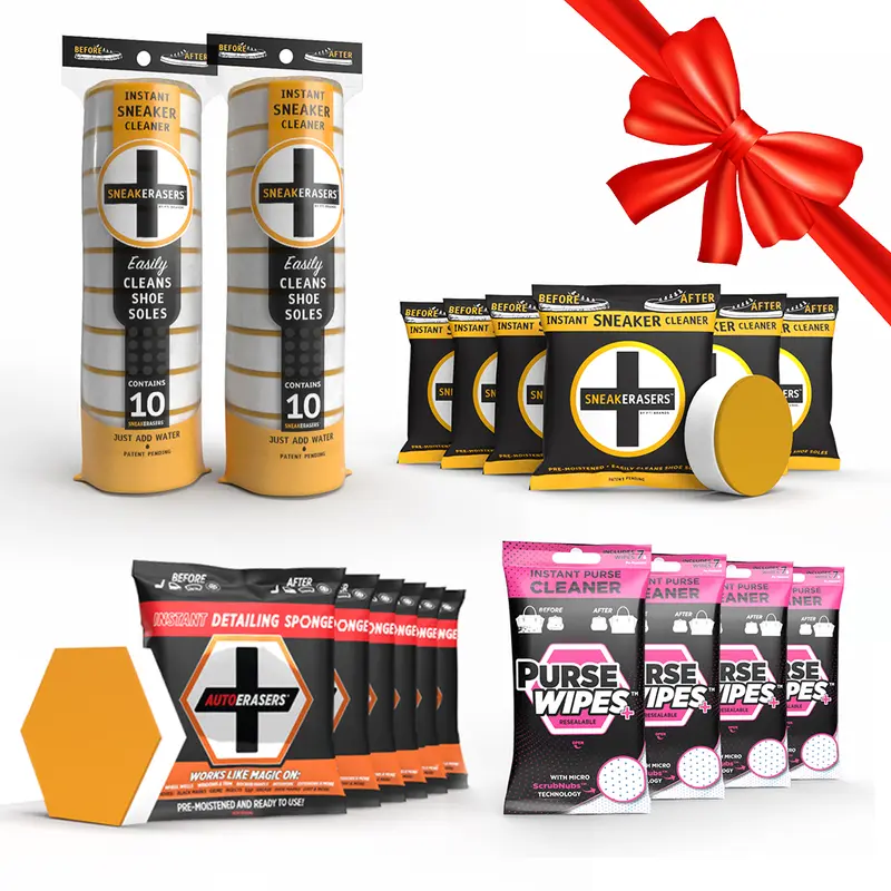 ERASERS Ultimate Cleaning Bundle - Includes 2 SneakERASERS 10pks, 6 Pre-Moistened SneakERASERS singles, 6 AutoERASERS, and 4 Packs of PurseWIPES+
