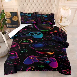 Neon Gaming Controller Comforter Set,Cyberpunk Gamer Bedding Set,1 Comforter & 1-2 Pillowcases,Graffiti Style Game Print Bedding,Trendy E-Sports Print Bedding Set,Ideal for Teens & Gamers Bedroom Decor & Gift
