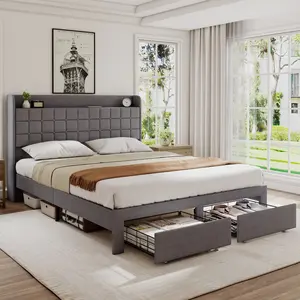 Upholstered Platform Bed Frame with 2 Storage Drawers – Wingback Headboard, Linen Fabric, No Box Spring Needed, Gray