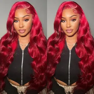 QUANDIAN Cherry Red Wigs Human Hair Loose Body Wave 13x4 Transparent HD Lace Front Wig Pre Plucked Pre Bleached Pre Colored Human Hair Curly Wigs