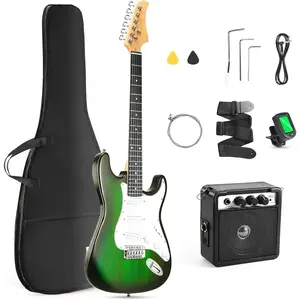39"Inch Solid Full Size Electric Guitar Beginner Kit,Electric Guitar Starter Kit,S-S-S Pickups With 5W Amp,Strings, Pick, Tremolo Bar,Bag,Strip,Tuner.,Green