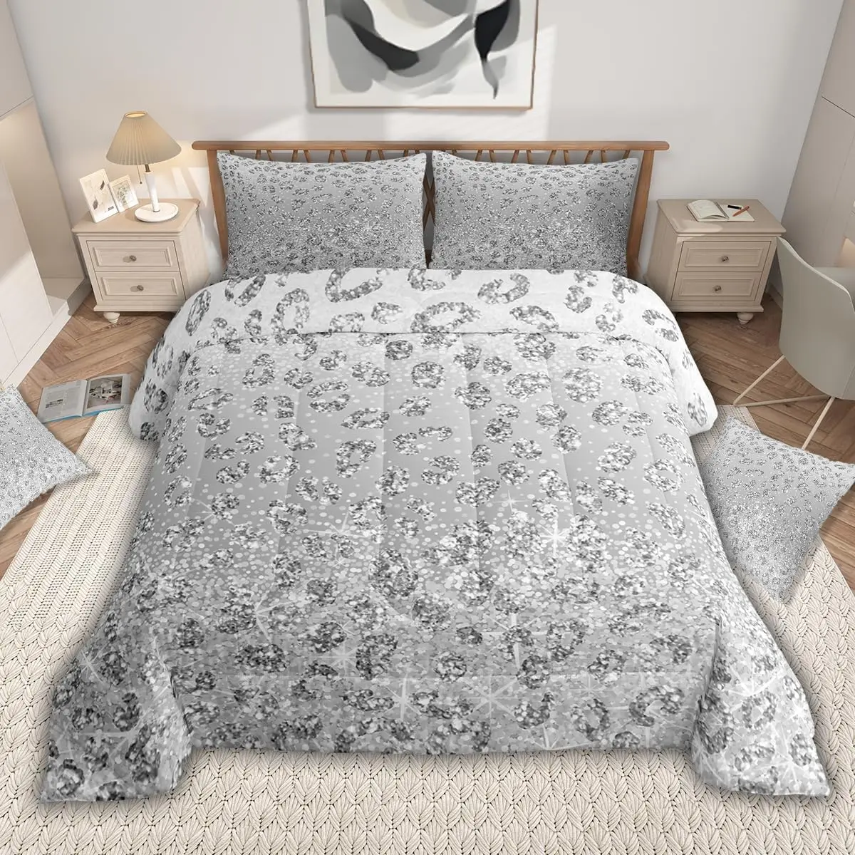 Diamond Sequins Comforter Dreamy Princess Style Bedding Set for Boys Girls Teens Room Decor Gradient Gray Duvet Set Silver Shiny Breathable Soft Lightweight Microfiber