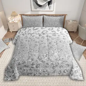 Diamond Sequins Comforter Dreamy Princess Style Bedding Set for Boys Girls Teens Room Decor Gradient Gray Duvet Set Silver Shiny Breathable Soft Lightweight Microfiber