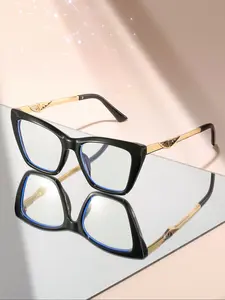 Cool Cat Eye Large Frame Glasses, Gold Metal Accents, Alloy Frame Material, Casual Style Anti-Blue Light Lenses, Perfect for Parties & Gifts, Fashion Glasses, Fashionable Eyewear, Trendy Casual Eyeglasses, Fashion Frame Eyeglasses, Metallic Accents