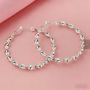 Solid 925 Sterling Silver Plated Twisted Hoop Earrings for Women, Polished Diamond-Cut Twist Large Hoop Earrings, Hypoallergenic Lightweight Classic Jewelry, Trendy Daily Wear Party Birthday Valentine's Day Gift for Her