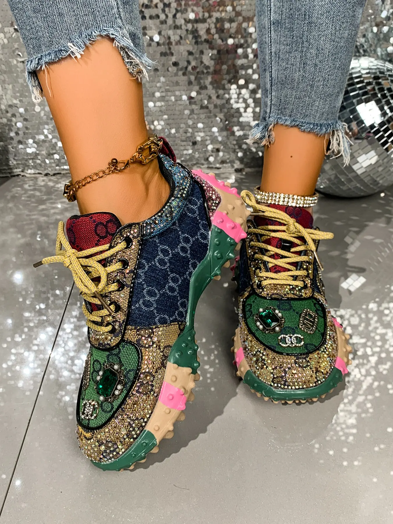 Fashion Casual Letter Flat Walking Shoes for Women, Rhinestone Fashion Sneakers, Sports Shoes, Durian Sole Platform Single Shoe