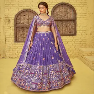 Rouhi Purple Floral Embroidery Georgette 3-piece Lehenga Choli