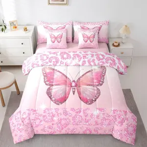 Cute Butterfly Comforter Set with Sheets for Kids Boys Girls Leopard Print 7 Pieces Bedding Set Butterflies Print Bed in a Bag Glitter Dreamy Princess Soft