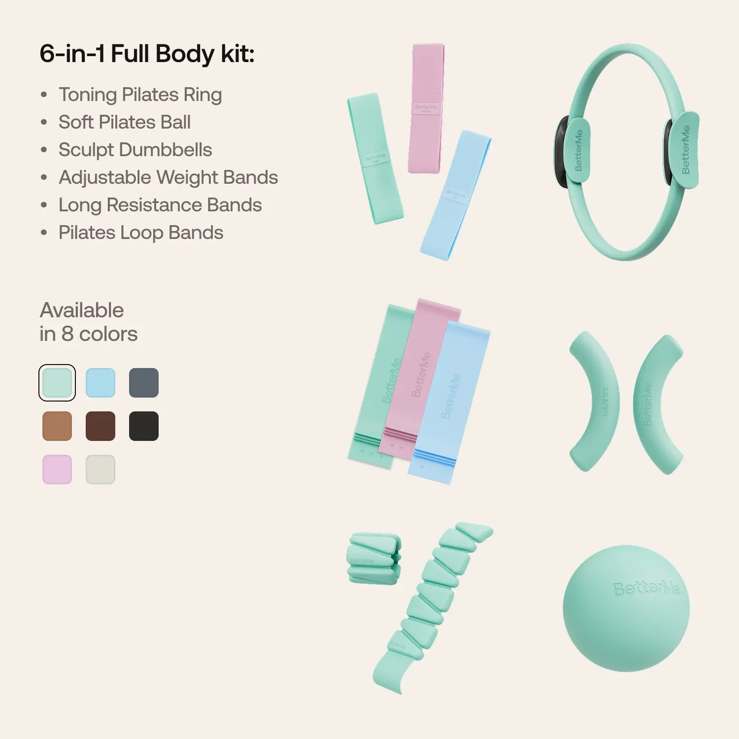 BetterMe Women's Subtle Mint Compact Pilates Set - Full Body Home Gym Gear with Ring, Dumbbells, Resistance Bands, Ball for Strength & Flex Training, Pilates Sets