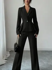 Two-piece women's chic black lapel multi-button waist-cinching pleated hem blazer high-waisted long-legged suit pants suitable for all seasons, suitable for daily attendance, attending events and other occasions.