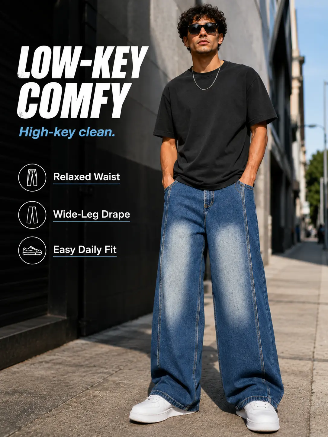 Men’s & Women Wide Leg Baggy Jeans, Washed Blue Denim Pants with Elastic Back Waist, Loose Fit Streetwear Skater Jeans