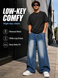 Men’s & Women Wide Leg Baggy Jeans, Washed Blue Denim Pants with Elastic Back Waist, Loose Fit Streetwear Skater Jeans