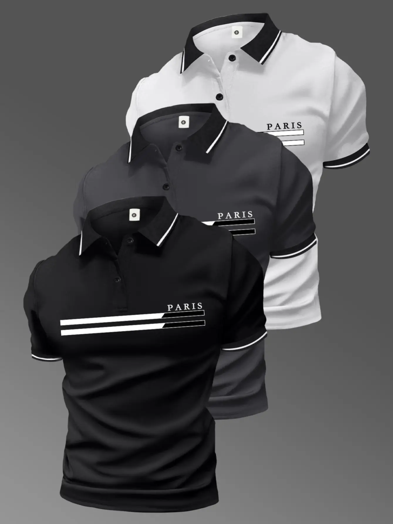 3-pack men’s summer cotton short-sleeve polo shirts with Paris letter print, classic retro style—lightweight, versatile athletic casual outdoor fashion golf apparel; trendy black short sleeves—the best gift for men.