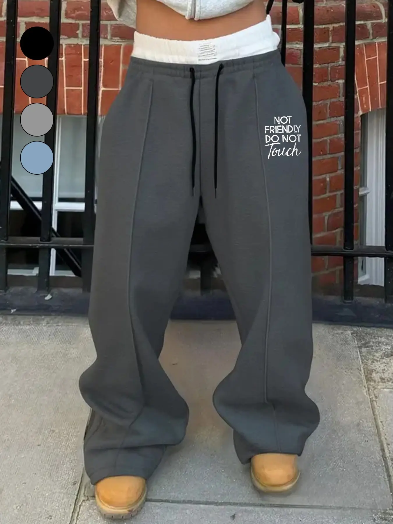 Double Waistband "Not Friendly" Graphic Sweatpants for Women, Aesthetic Dark Grey Wide Leg Joggers with Pintuck Detail, Y2K Streetwear Stacked Trousers for Sassy & Edgy Look