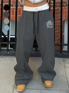 Double Waistband "Not Friendly" Graphic Sweatpants for Women, Aesthetic Dark Grey Wide Leg Joggers with Pintuck Detail, Y2K Streetwear Stacked Trousers for Sassy & Edgy Look